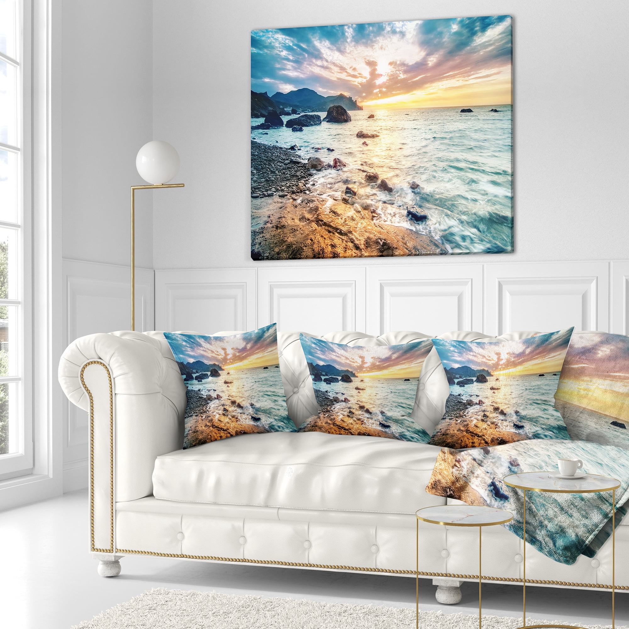 Designart Summer Sea with Mountains and Waves - Seashore Throw Pillow - 18x18