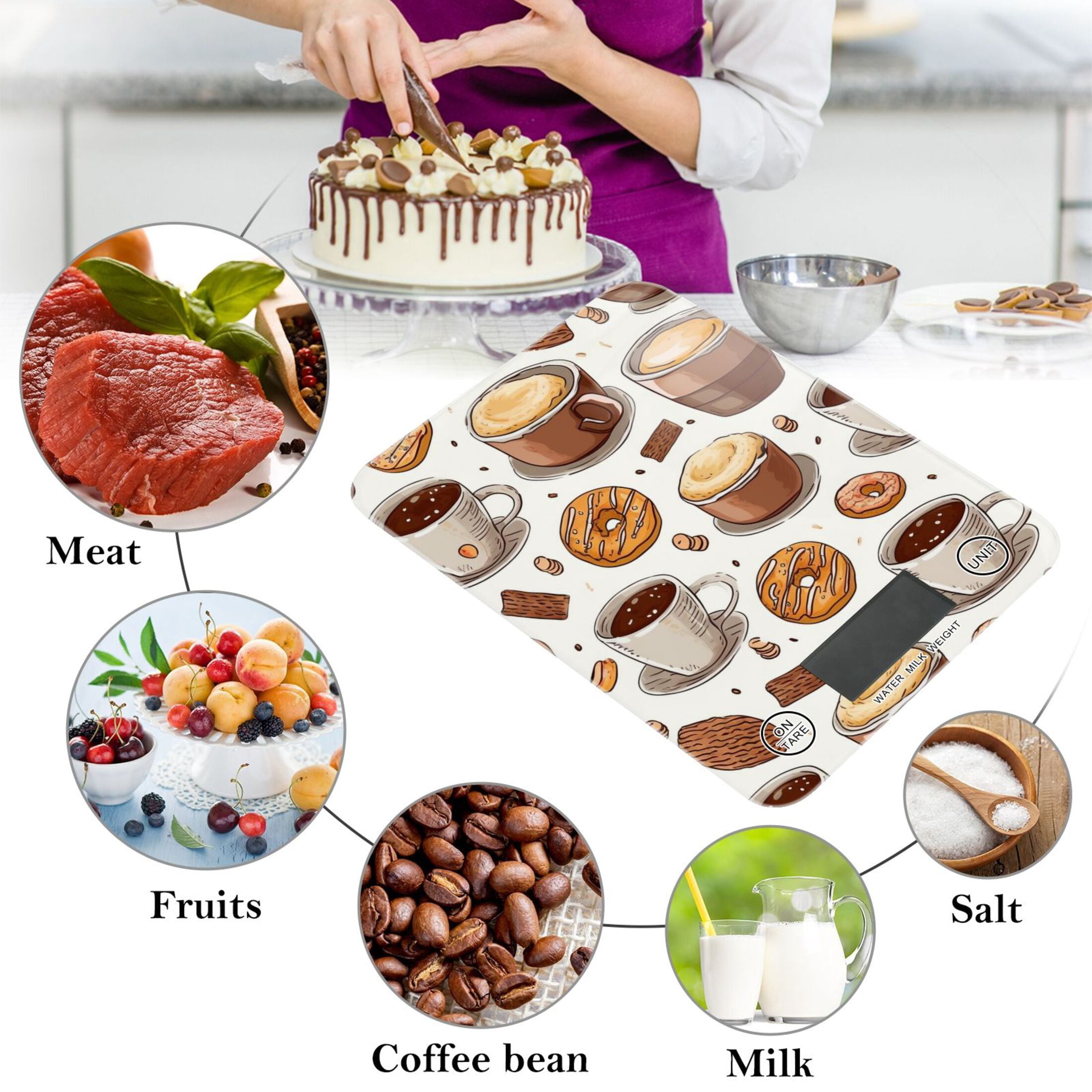 Donuts Coffee Biscuits Food Scale Digital Kitchen Scale Waterproof Tempered Glass Tare Function 11 lb for Baking Cooking Meal Prep