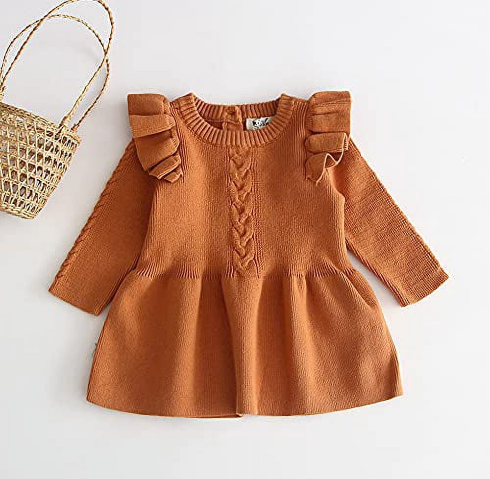 Styles I Love Baby Toddler Girls Knit Sweater Ruffle Long Sleeve Cotton Dress Little Princess Solid Dressy Outfit (Mustard, 3T)