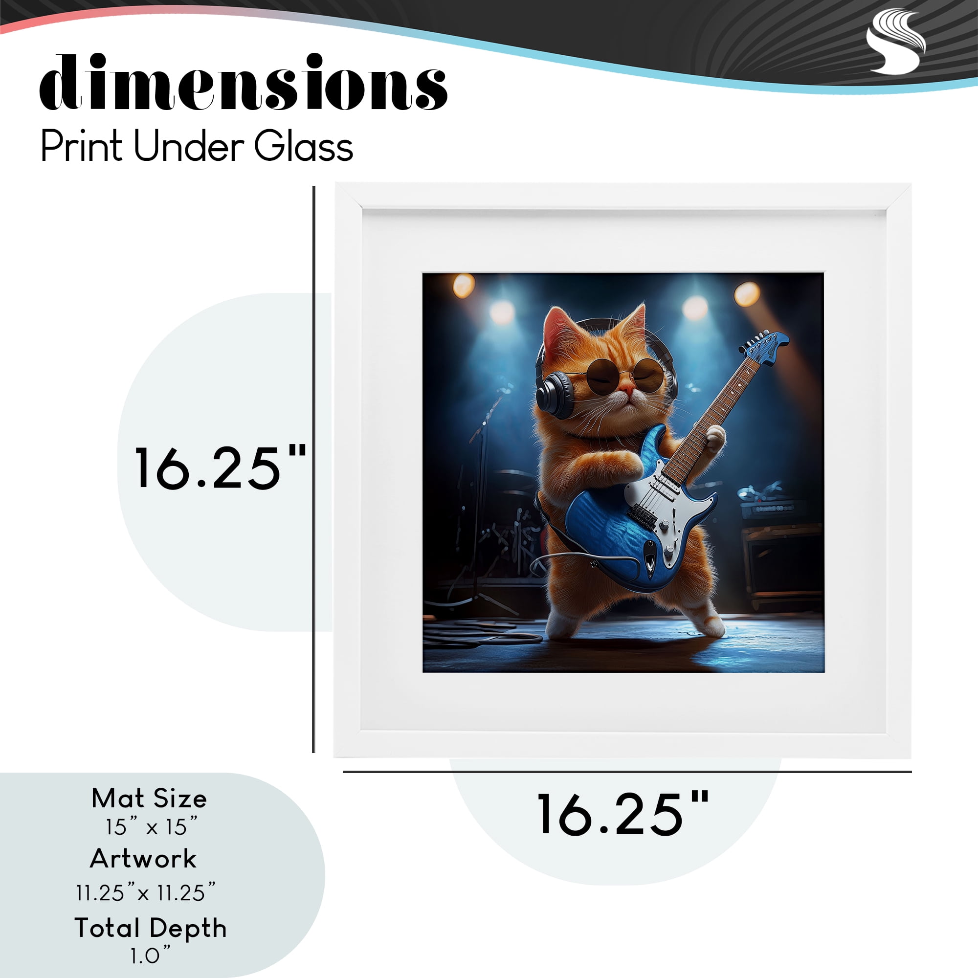 Cat Guitarist in Band White Framed Print Under Glass, design by Jim Baldwin