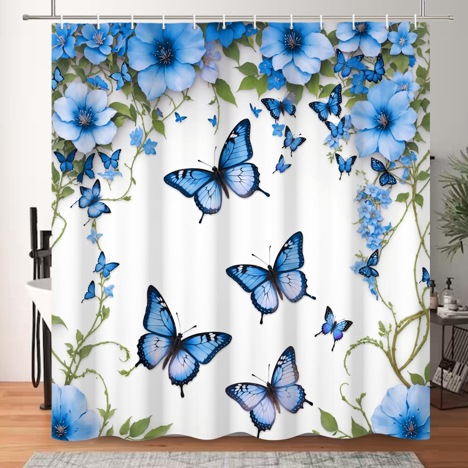 SUNOLIFE Blue Butterfly Shower Curtain，Spring Floral Fabric Bathroom Curtain with Hooks,72x78 in