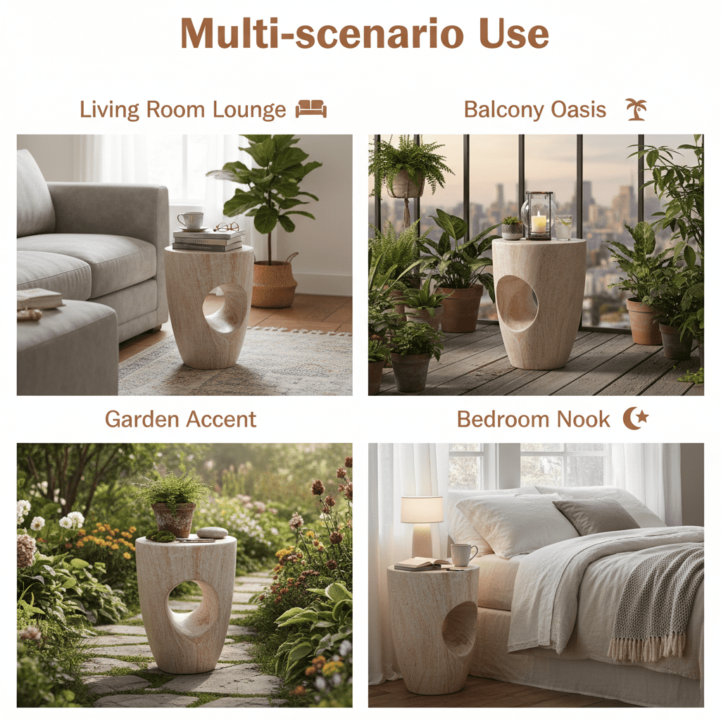 Round MGO Side Table 14.96 Inch, Faux Marble Outdoor Garden Stool and Indoor End Table, No Assembly Required, Beige Marble