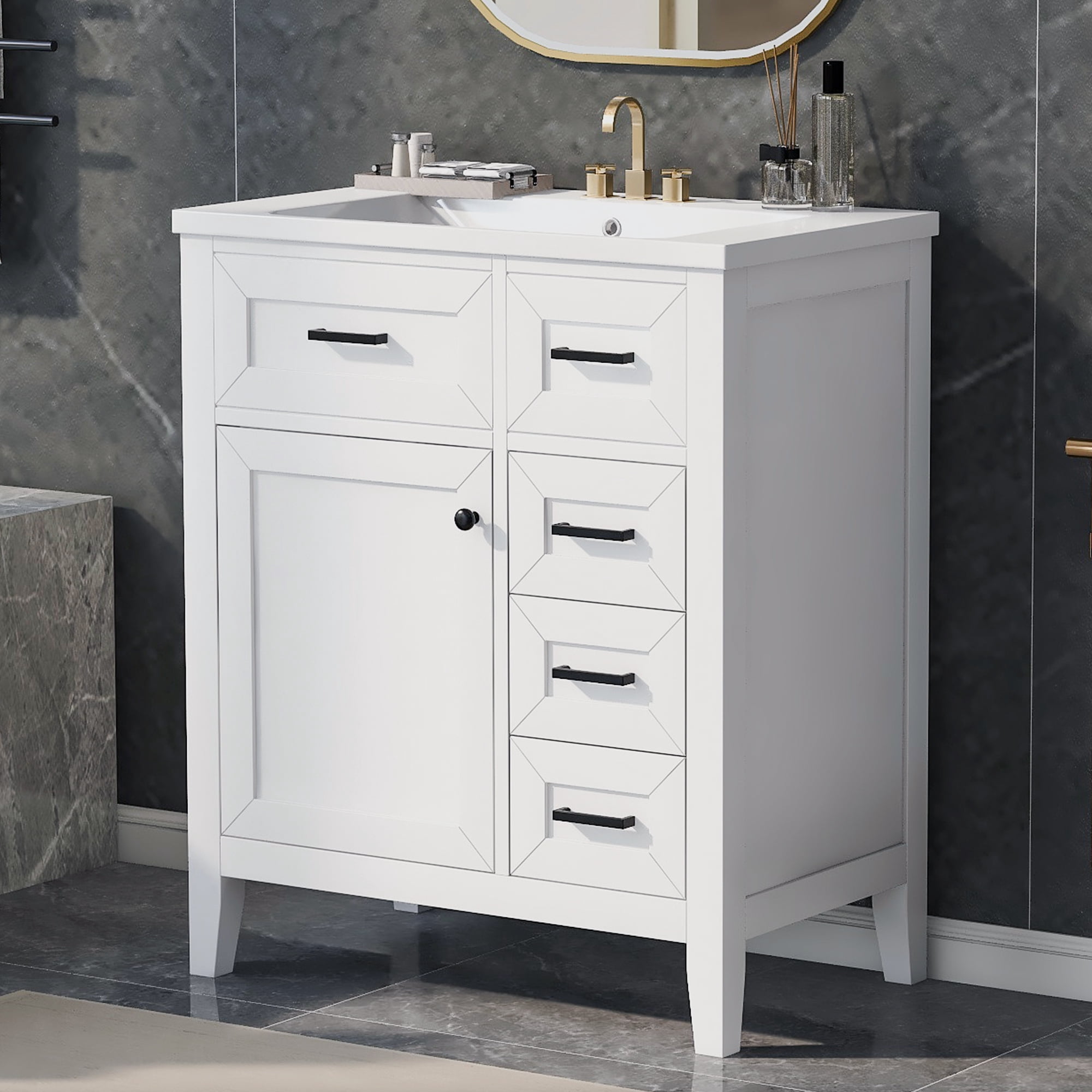 Euroco 30” Green Bathroom Vanity with Sink, Freestanding Bathroom Cabinet with Drawer & Shelf, Solid Wood Frame, Ceramic Basin