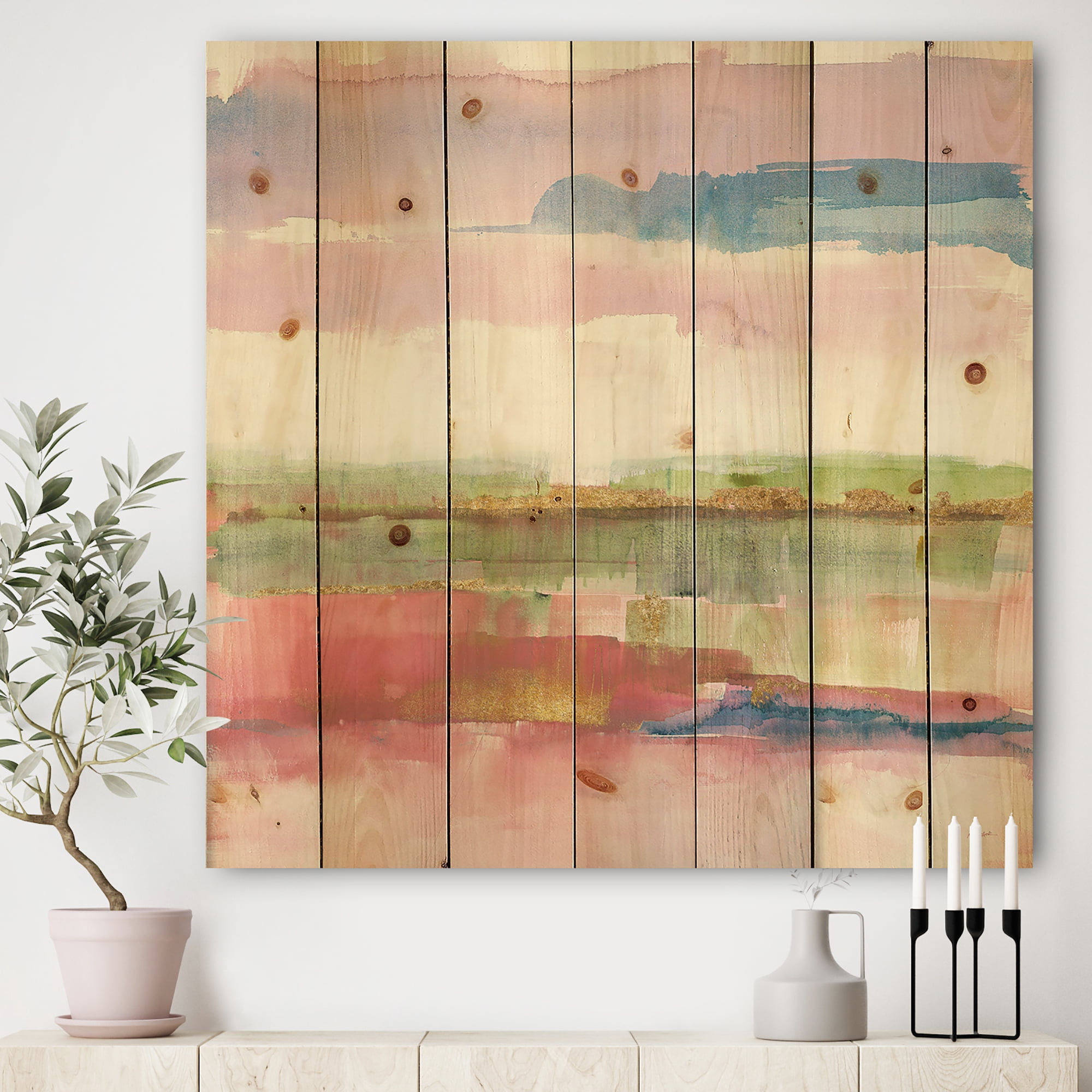Designart 'Color Gold Bright and Influence Of Line' Shabby Chic Print on Natural Pine Wood