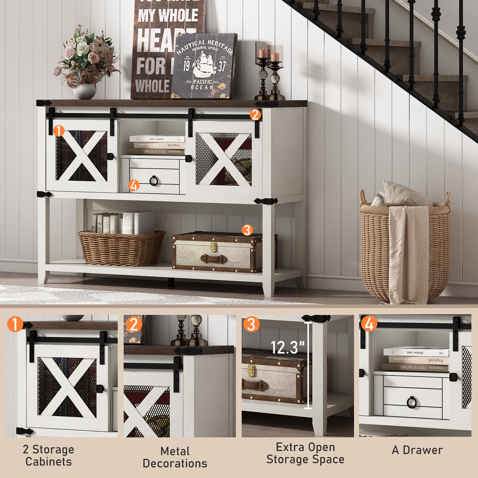 46'' Large Farmhouse Entryway Table with Sliding Barn Doors, Console Table Sofa Side Table with Storage Drawer for Hallway, Living Room(Antique White-Entryway Table)