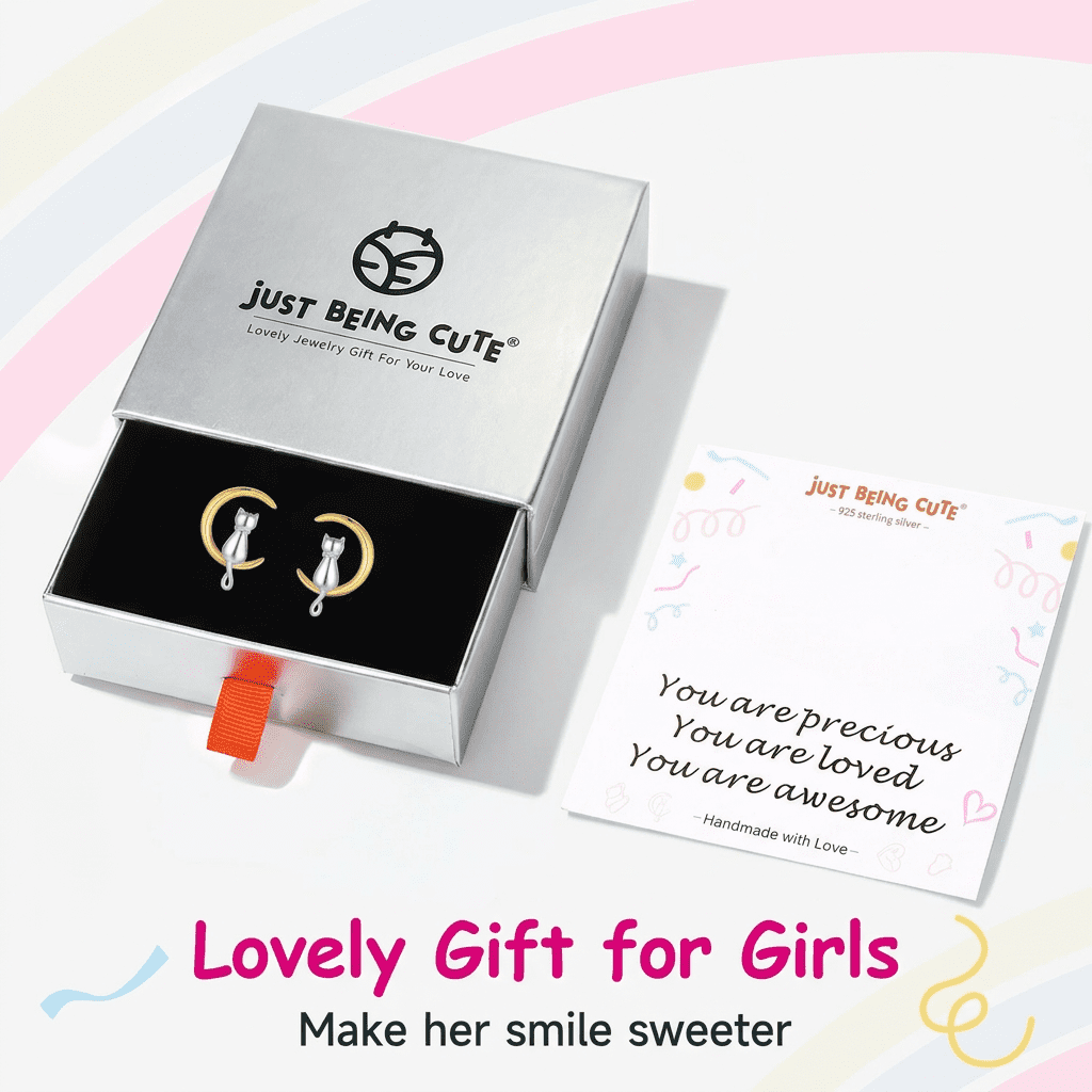 Just Being Cute Cat Moon Earrings for Women, Pure Sterling Silver Stud Earrings Birthday Graduation Mothers Day Jewelry Gifts for Mom/Her/Wife