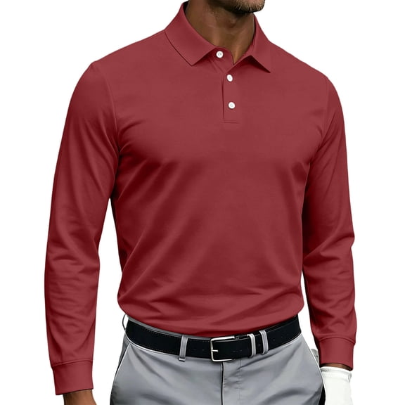 Domuza Mens Polo Shirt Long Sleeve Golf Shirts Quick Dry Lightweight 3-Button Performance Work Fishing Athletic Pullover Wine L
