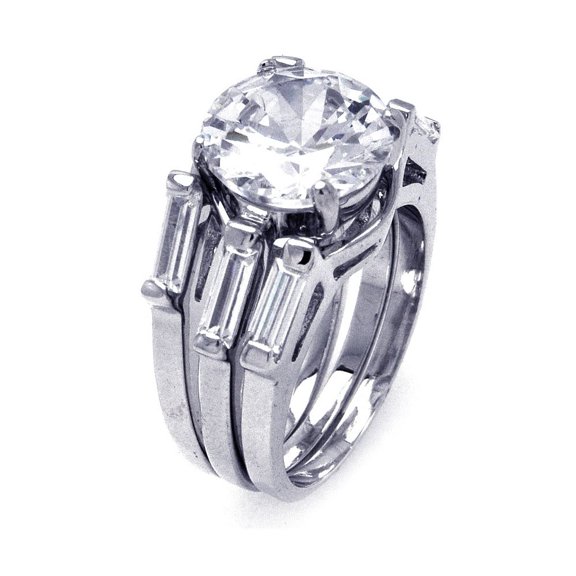 Round Center Baguette Sides Cubic Zirconia Three Band Set Bridal Ring Sterling Silver Size 9