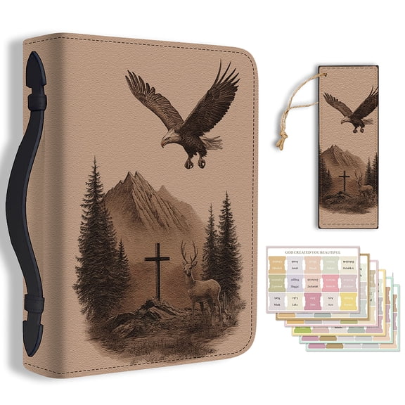 1pc Large Bible Cover 20.3x28.5x5.9cm PU Leather Bible Case with Bookmark Bald Eagle and Deer Carrying Case
