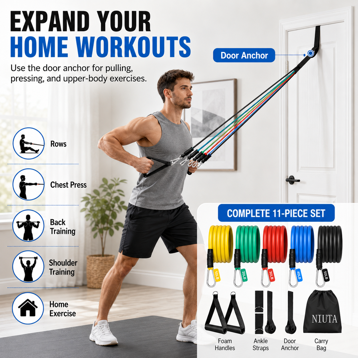 NIUTA 150 lbs Resistance Bands Set (11-Piece) photo 7
