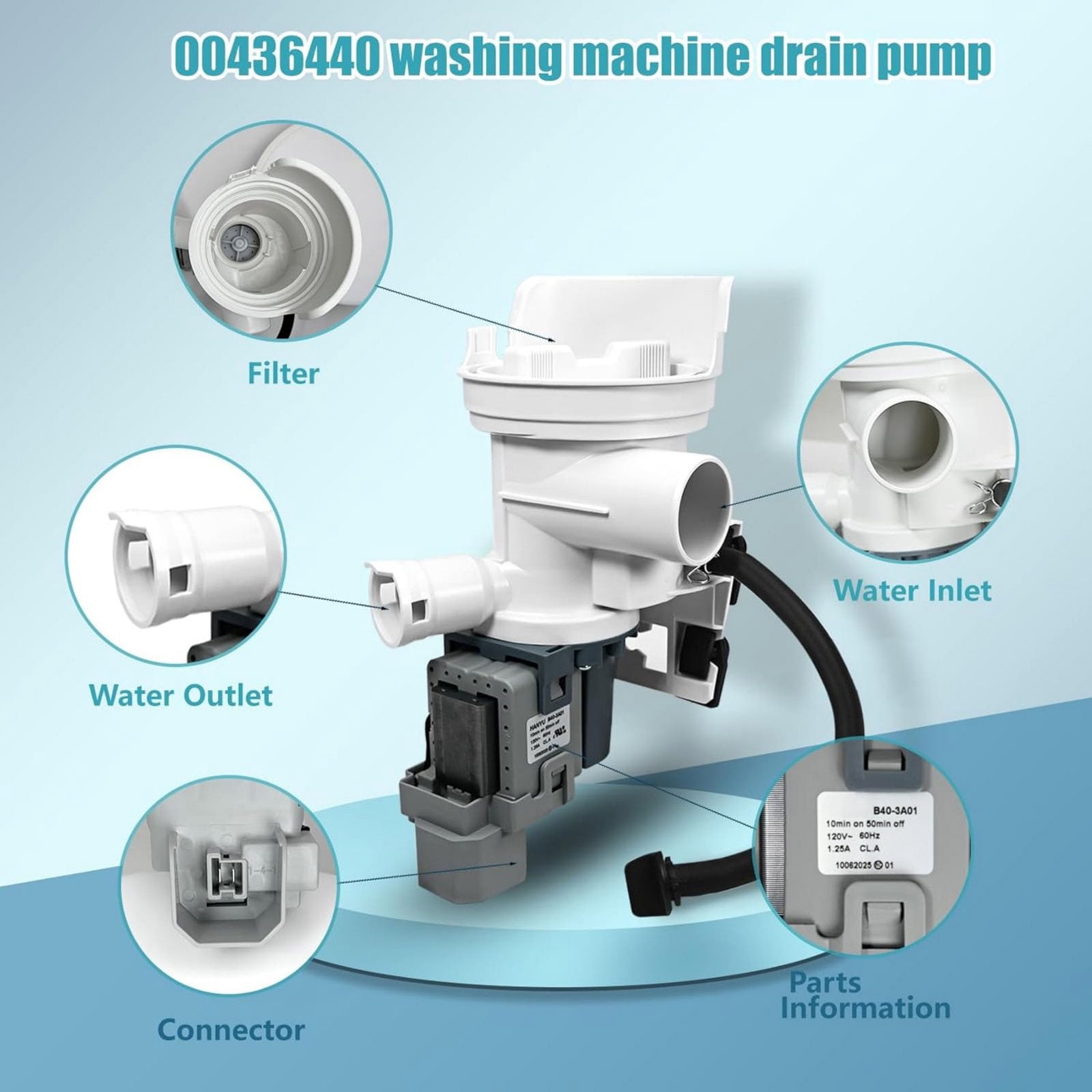 CSYANXING Plastic Rubber Washing Machine Water Pump for Whirlpool Kenmore Maytag 120V 60HZ Tested Replacement 00436440