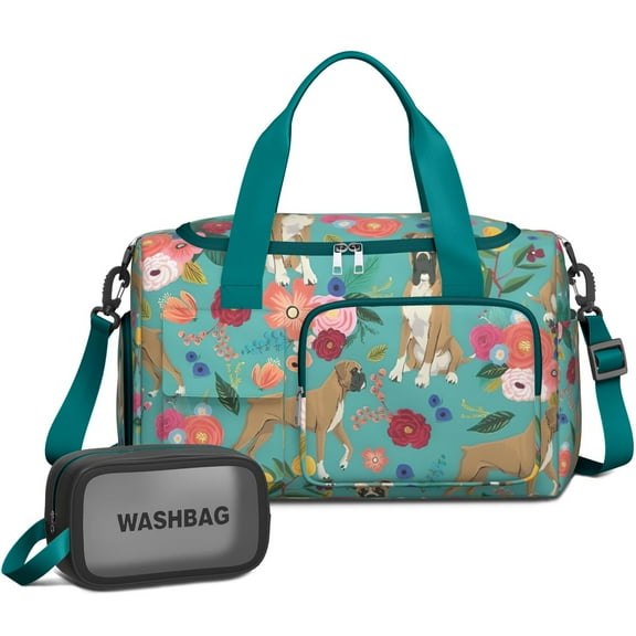 Women Men Gym Bag,BoxerDog and Pioneer Flower Small Duffle Bag Spend the Night Bags for Women with Shoes Compartment Washbag,Detachable Shoulder Strap,19.7x8.3x11 Inches