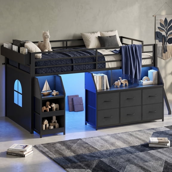 Afuhokles Low Loft Bed Twin Size with Storage, Open Bookshelf and LED Lights, Black