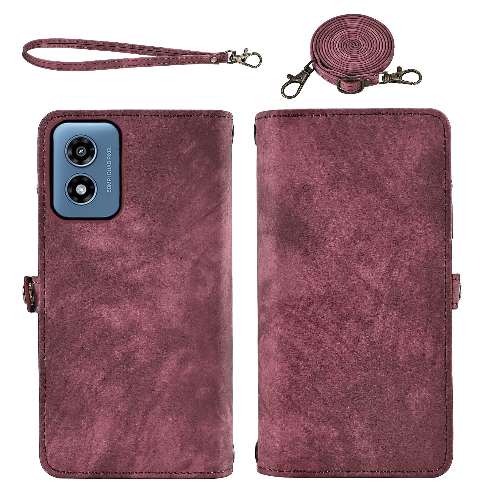 Asuwish Phone Case for Motorola Moto G Play 4G 2024 Zipper Wallet Detachable Cell Cover with Tempered Glass Screen Protector Crossbody Lanyard Strap Flip Card Holder XT2413V XT2413-1 64GB Women Red