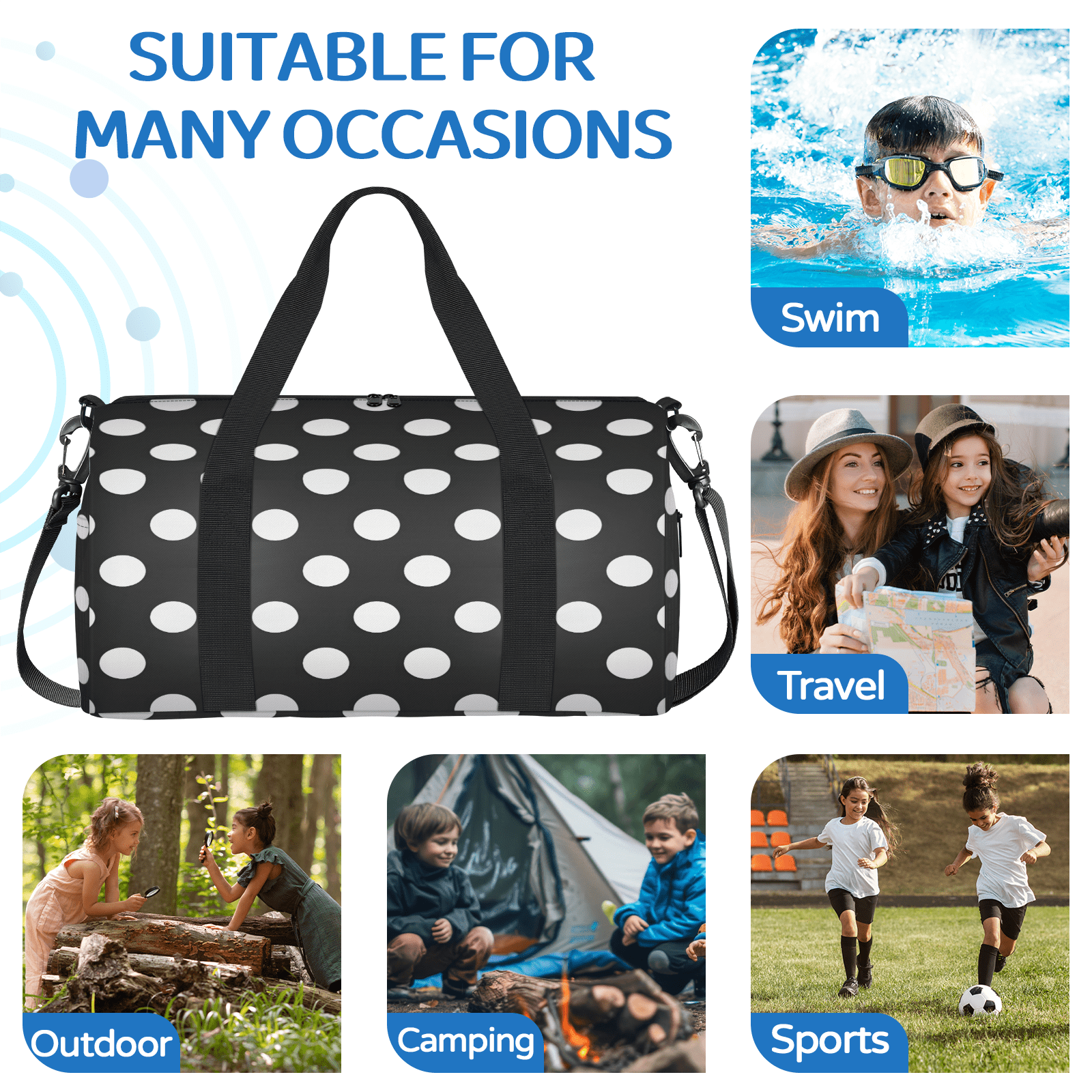 Herdesigns Black And White Polka Dots Travel Duffle Bag Sports Yoga Weekender Overnight Carry on Workout Bags Lightweight Waterproof Gym Tote Bag for Women