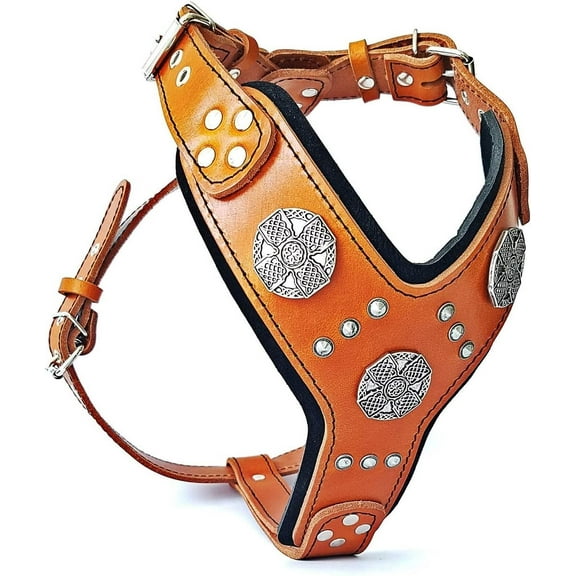 The ''Maximus'' Leather Dog Harness Brown & Silver