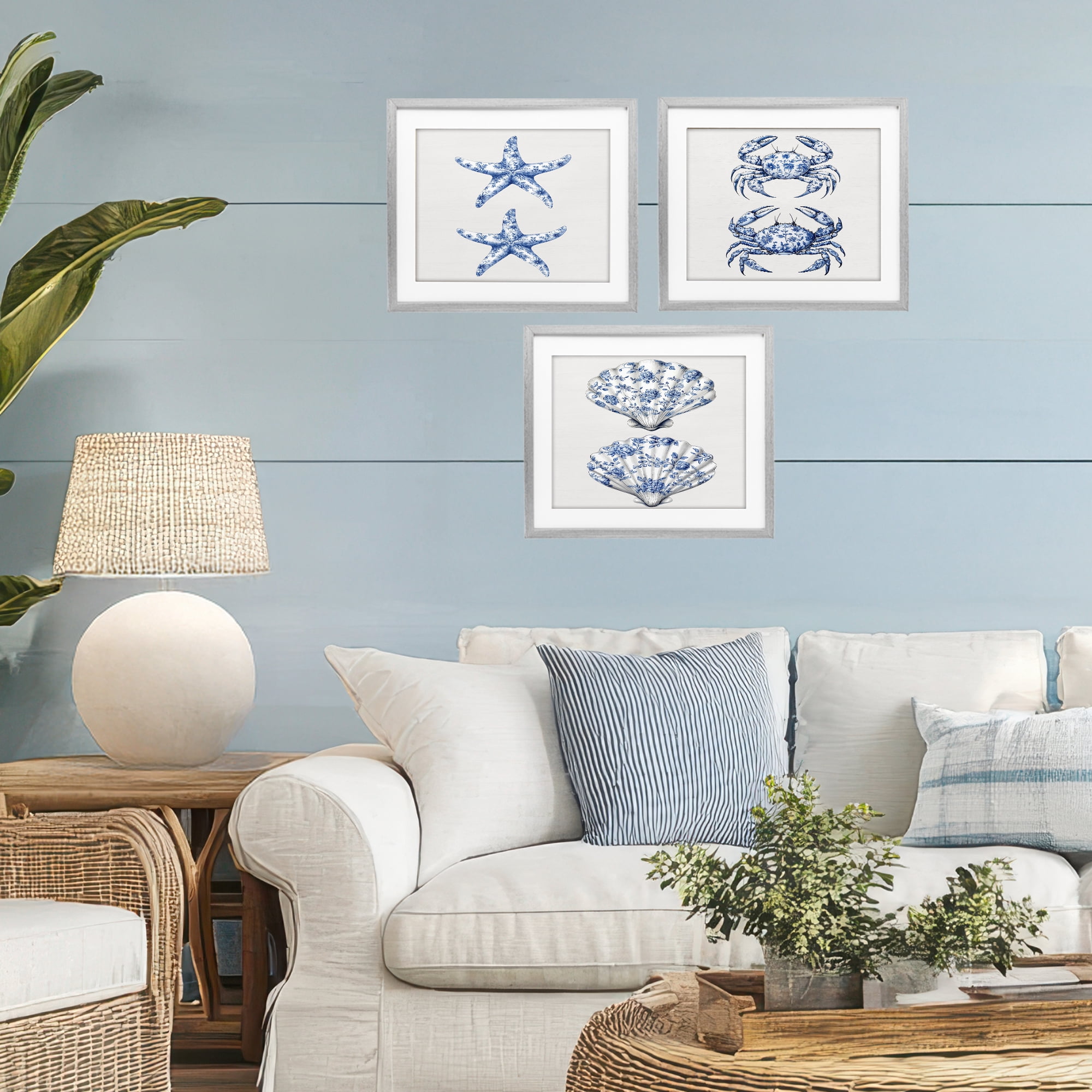 Vintage Toile Starfish & Crabs 3 Piece Gray Framed Print Under Glass Set, design by Lettered and Lined