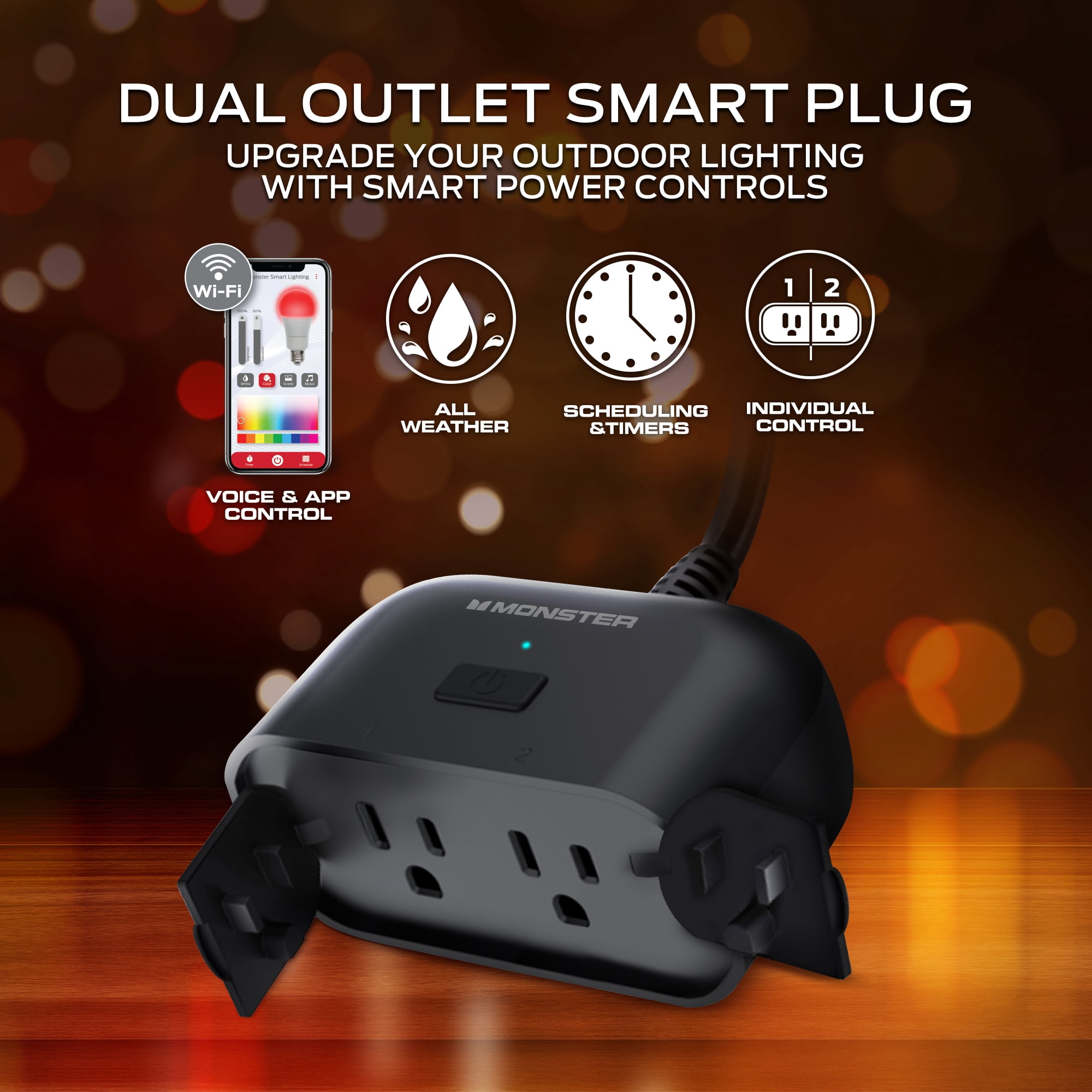 Monster Smart Dual Outdoor Plug with Wi-Fi, Weather-Resistant, 2 Outlets Compatible with Alexa & Google Home