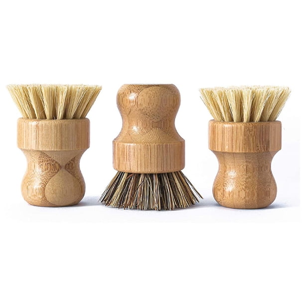Paquete de 3 cepillos de bambú para platos con cerdas de origen vegetal, cepillo de bambú para fregar para limpiar platos, ollas, sartenes y