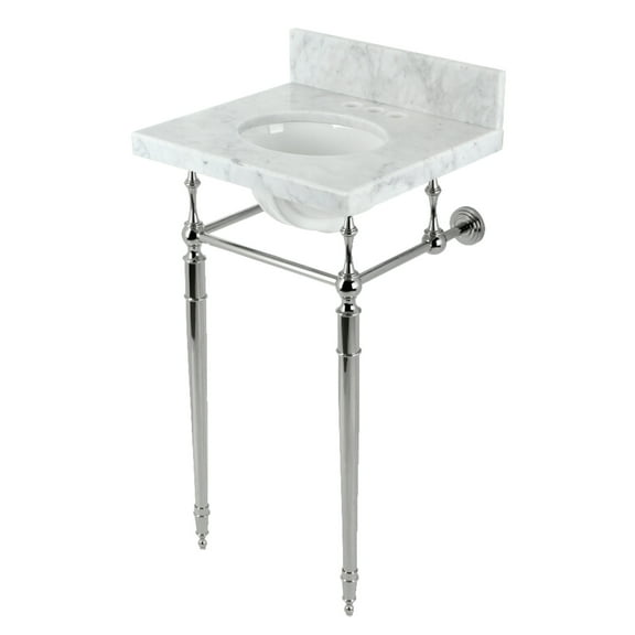 Kingston Brass KVPB1917M346ST Edwardian 19" Carrara Marble Console Sink with Brass Legs (4-Inch, 3-Hole), Carrara Marble White/Polished Nickel