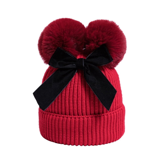 Enfants Deux Pompon Tricot Chapeau Bébé Fille Hiver Bowknot Crochet Chapeau Photo Prop (Rouge)