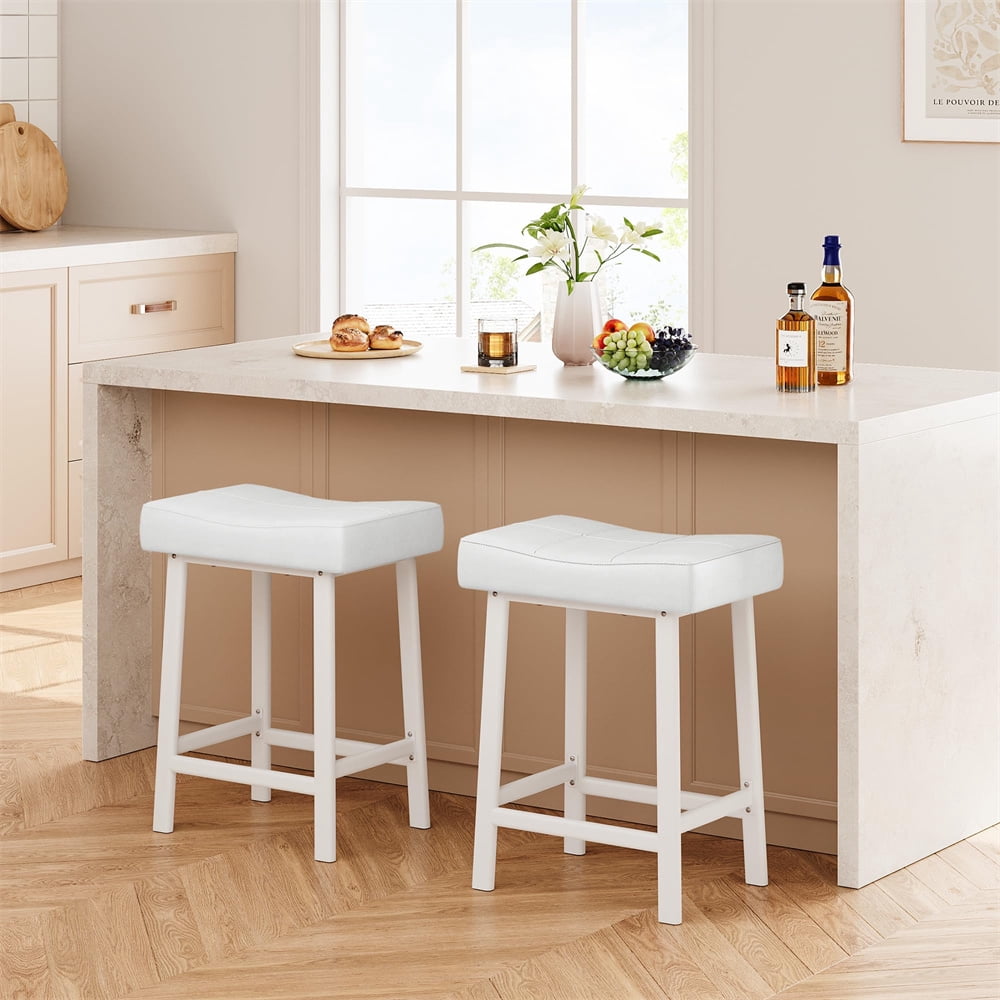 Bar Stools, Set of 2 Bar Chairs with PU Upholstered Saddle Seats, Kitchen Stools, 24" Modern Backless Counter Height Stool for Kitchen Island Bar