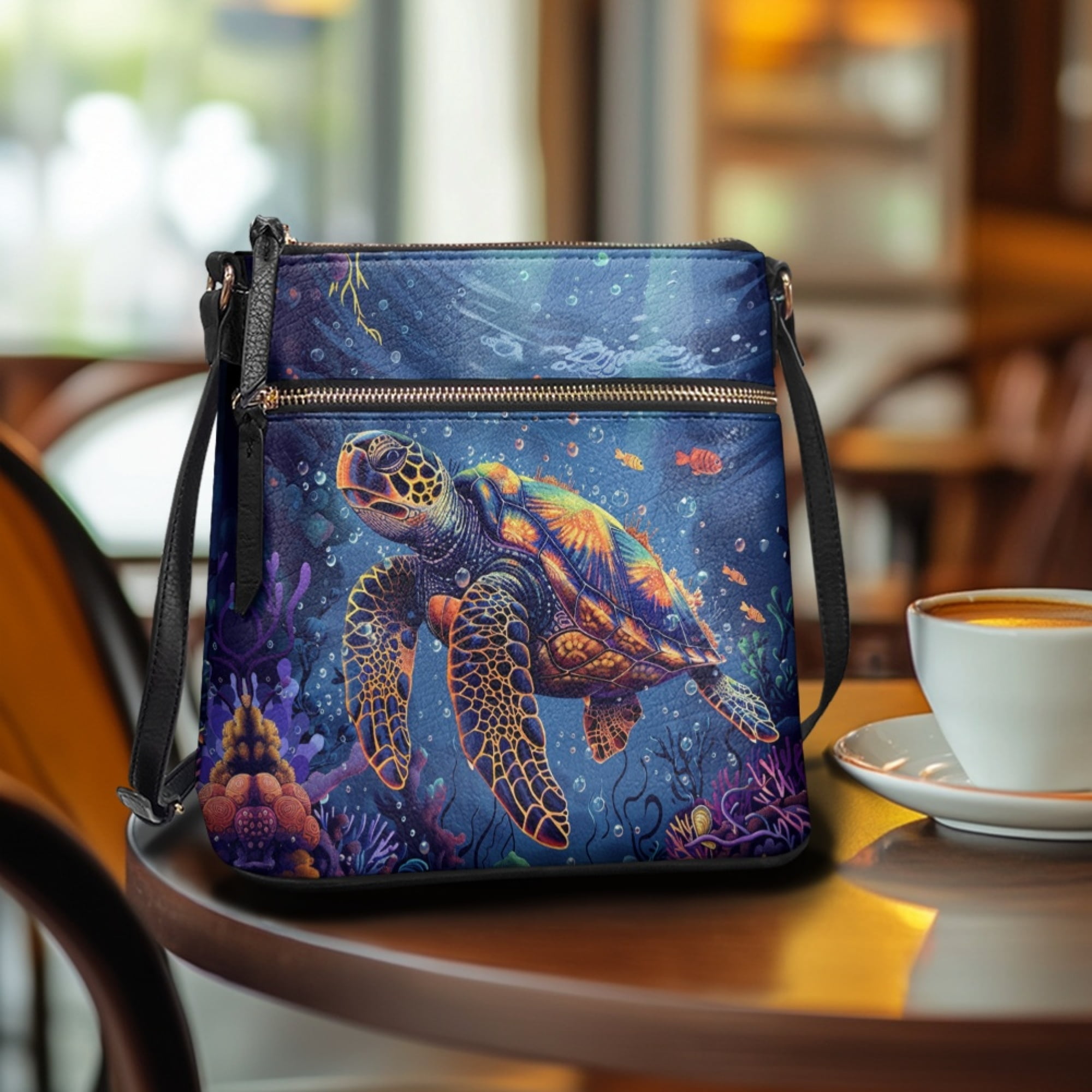 Kuiaobaty Sea Turtle Coral Print Crossbody Bag for Women Trendy, Large Capacity Vegan Leather Messenger Handbag Crossbody, Roomy Zipper Sling Purse with Adjustable Strap for Travel