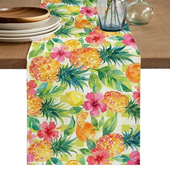 Summer Pineapple Table Runner 60 Inches, Tropical Fruits Lemon Sage Green Plaid Bed Runner Dresser Scarves Tabletop for Indoor Outdoor Parties/Ceremony/Banquet, 13" x 60"