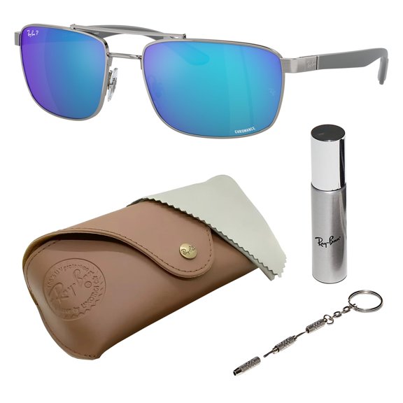 Ray-Ban RB3737 CHROMANCE POLARIZED Rectangle Shaped Sunglasses for Men & Women - Includes Official Rayban Eyewear Kit - Ideal Formal & Casual Wear Sunglasses - Green & Blue Lens