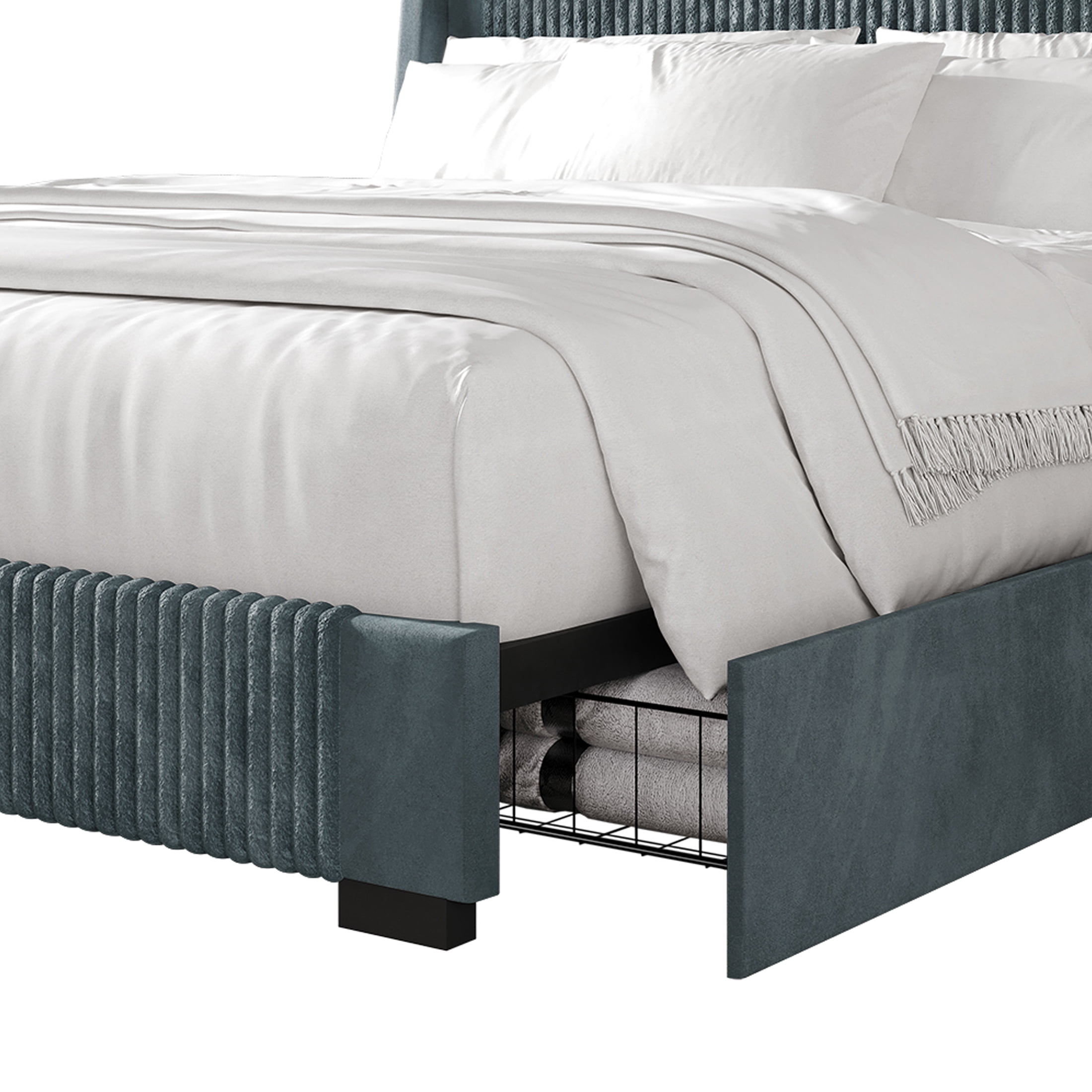 Castle Place Corduroy Velvet Queen Platform Bed With Storage, Light Blue