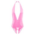 thumbnail image 3 of Body de charol de látex para mujer, lencería de una pieza con cuello Halter, sin mangas, sin entrepierna, mono con hebilla y Espalda descubierta, 3 of 5