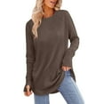 thumbnail image 2 of YEJIMAN Brown Womens Shirts, Polyester,Spandex Cute T Shirts, Women's Tunic Tops to Wear with Leggings Long Sleeve Thumb Hole Shirts Crew Neck Curved Hem, 2 of 7