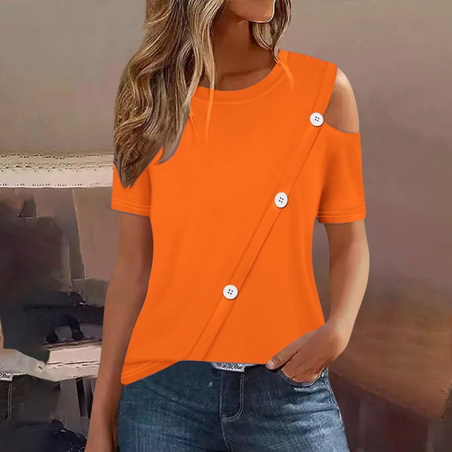 Meichang Womens Summer Tops Trendy Cold Shoulder Short Sleeve Tops Solid Color Fashion Casual Tunic Blouses Button Up Work Offiece T Shirts