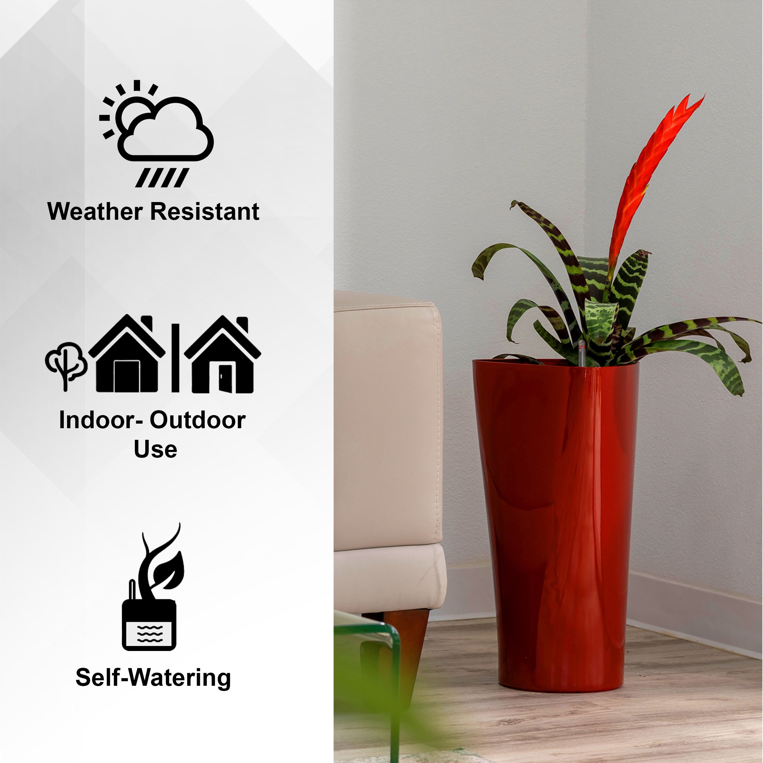 XBrand 22.4" H Red Plastic Self Watering Indoor Outdoor Triangle Planter Pot w/Glossy Finish, Tall Decorative Gardening Pot, Home Décor Accent