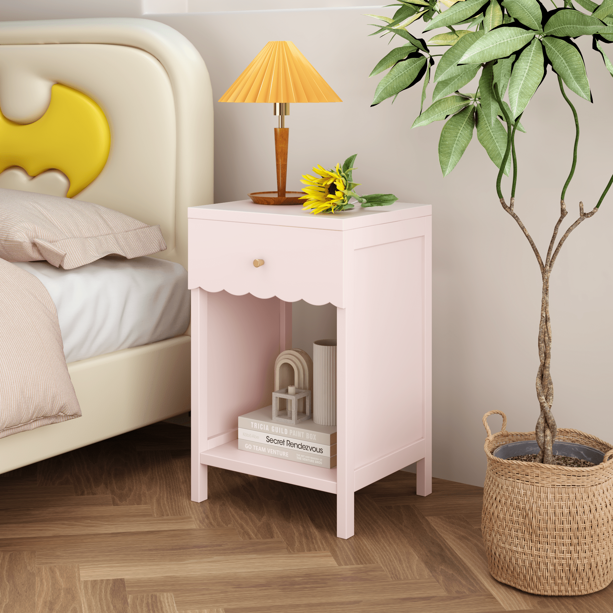 Pink Scalloped Nightstand with Drawer and Open Shelf Bedside End Table Kids Room Storage