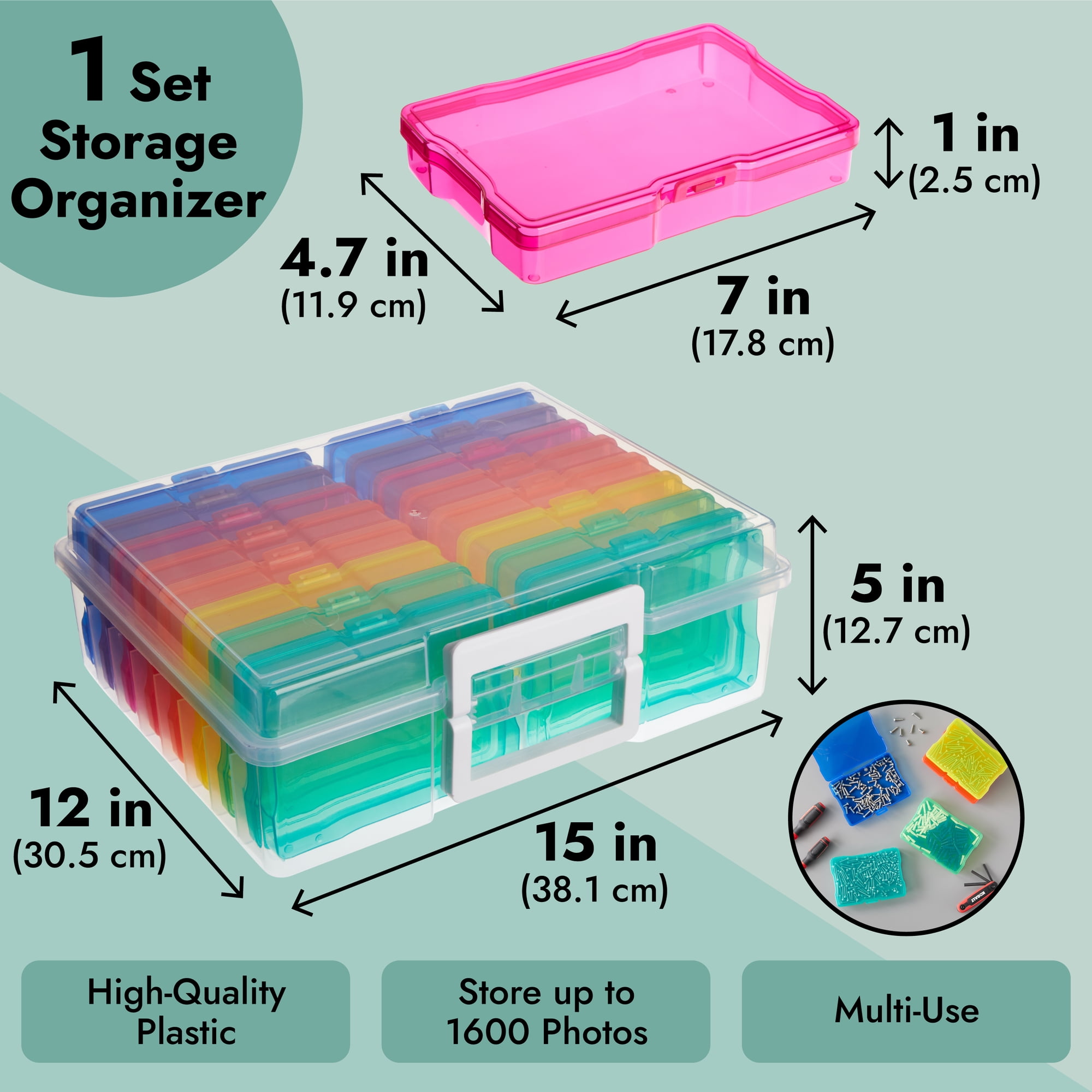 ODOMY Photo Storage Box,Transparent 4 x 6 Photo Cases and Clear Craft  Keeper with 16 Inner Cases Plastic Storage Container Box