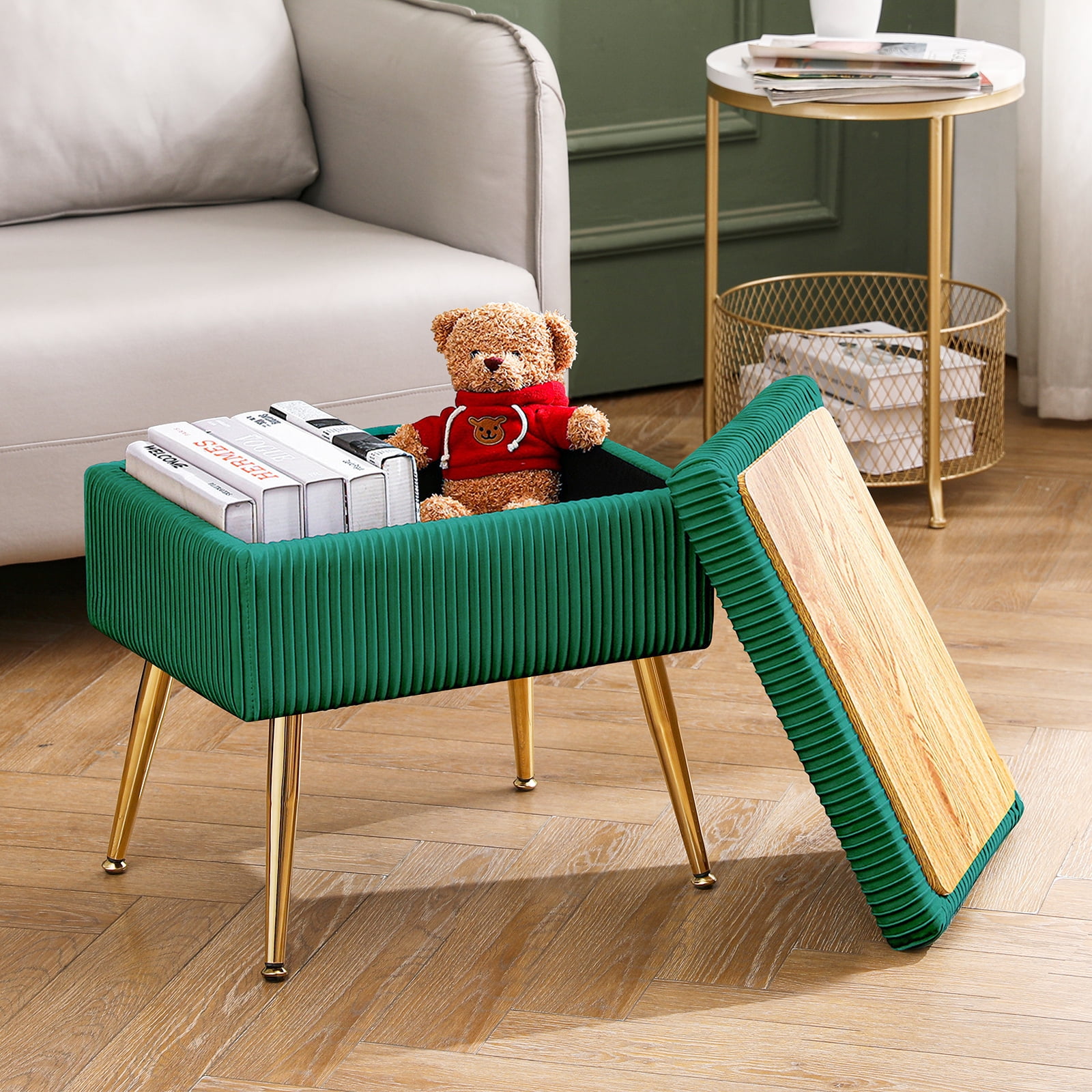 Atrovirens Velvet Rectangle Storage Ottoman Upholstered Vanity Stool Modern Footrest Stool