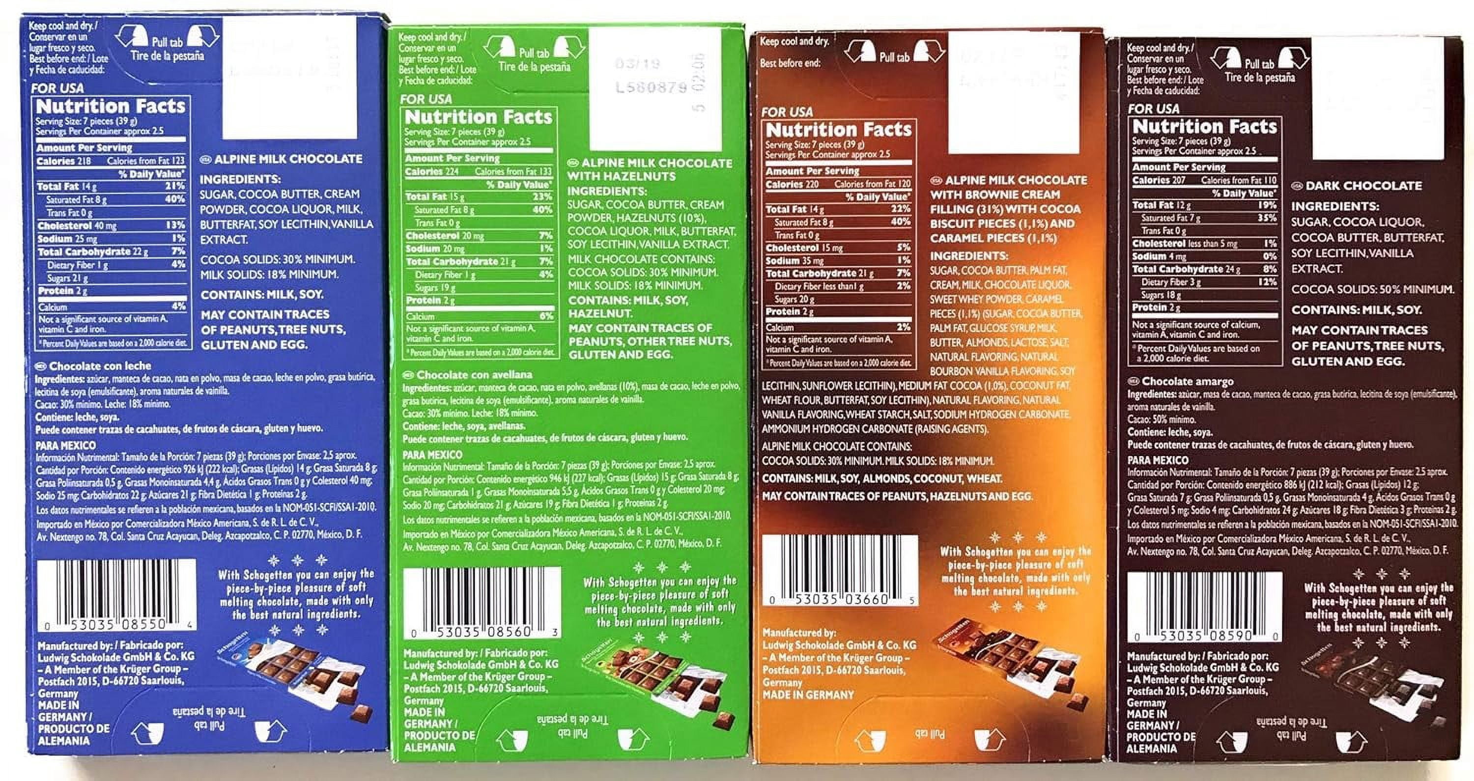 Schogetten German Chocolate Variety Pack Milk Chocolate, Caramel, Dark and Alpine Milk with Hazelnuts. Freshly imported from Europe (Bundle of 4)