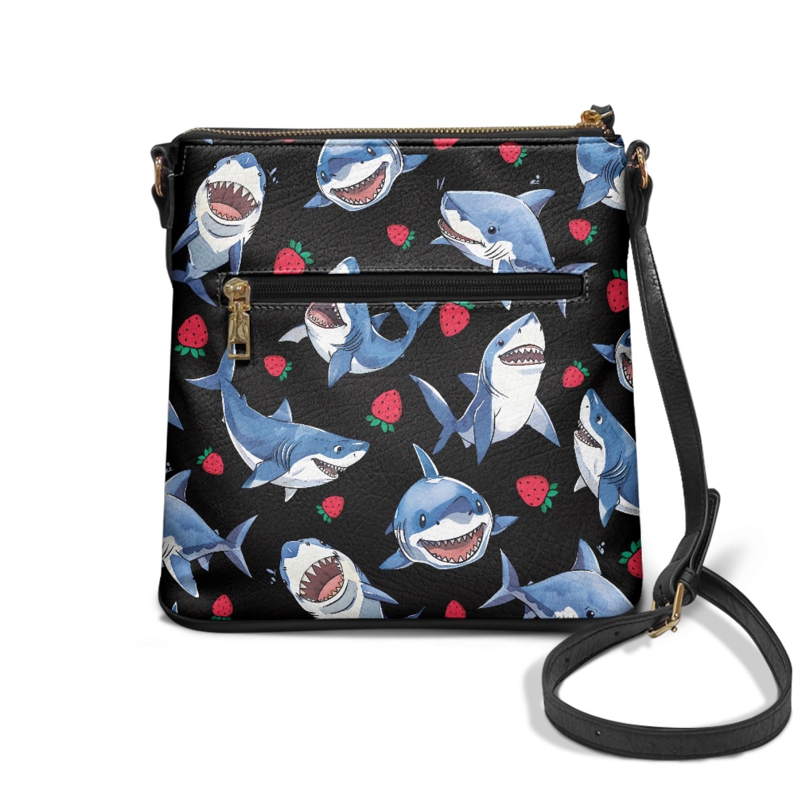 LedBack Shark Strawberry Print Leather Crossbody Satchel Purse Hobo Bag for Women, Sling Zipper Shoulder Handbag Messenger Bag with Adjustable Strap and Zipper Pocket, Black and Blue