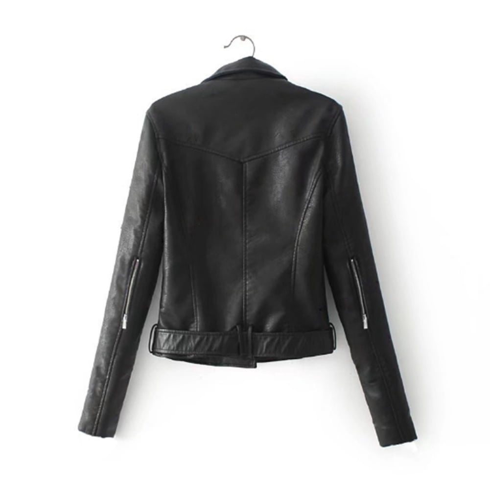 Hevirgo Solid Color Women Faux Leather Lapel Motorcycle Jacket Long Sleeve Zip Up Coat