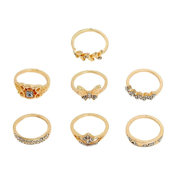 Juego de 7 anillos con incrustaciones de diamantes de imitación, anillos retro, adornos de moda para los dedos (dorados)