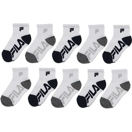 Fila Kids Boys 10-Pack Half Cushion Quarter Socks Contrast Heel - White, Boys Medium Shoe size 10-4