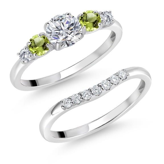 Gem Stone King 10K White Gold White Lab Grown Diamond and Green Peridot 5-Stone Bridal Engagement Wedding Ring Set for Women | 0.85 Cttw | Round: 5MM and 3MM | Available in Size 5, 6, 7, 8, 9