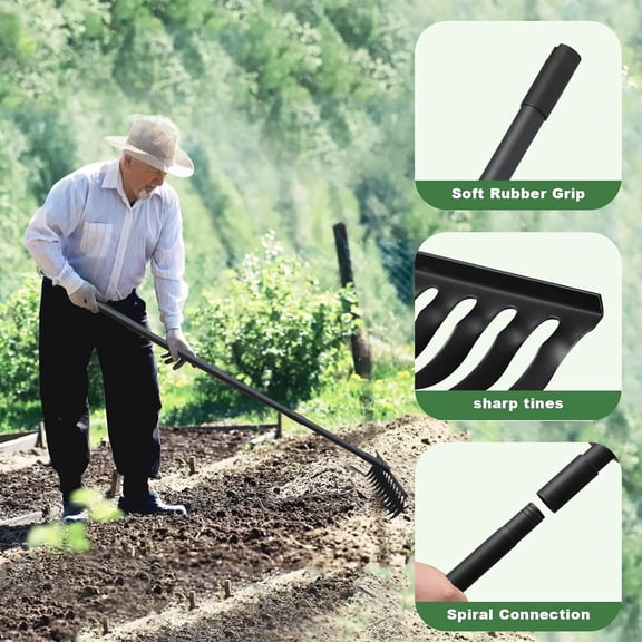 PYYAN-60" Bow Rake 12 Tines Metal Head Rakes with Adjustable Handle, Thatch Rake for Gathering Thatch Loosening Soil Leveling Lawn Farming Land