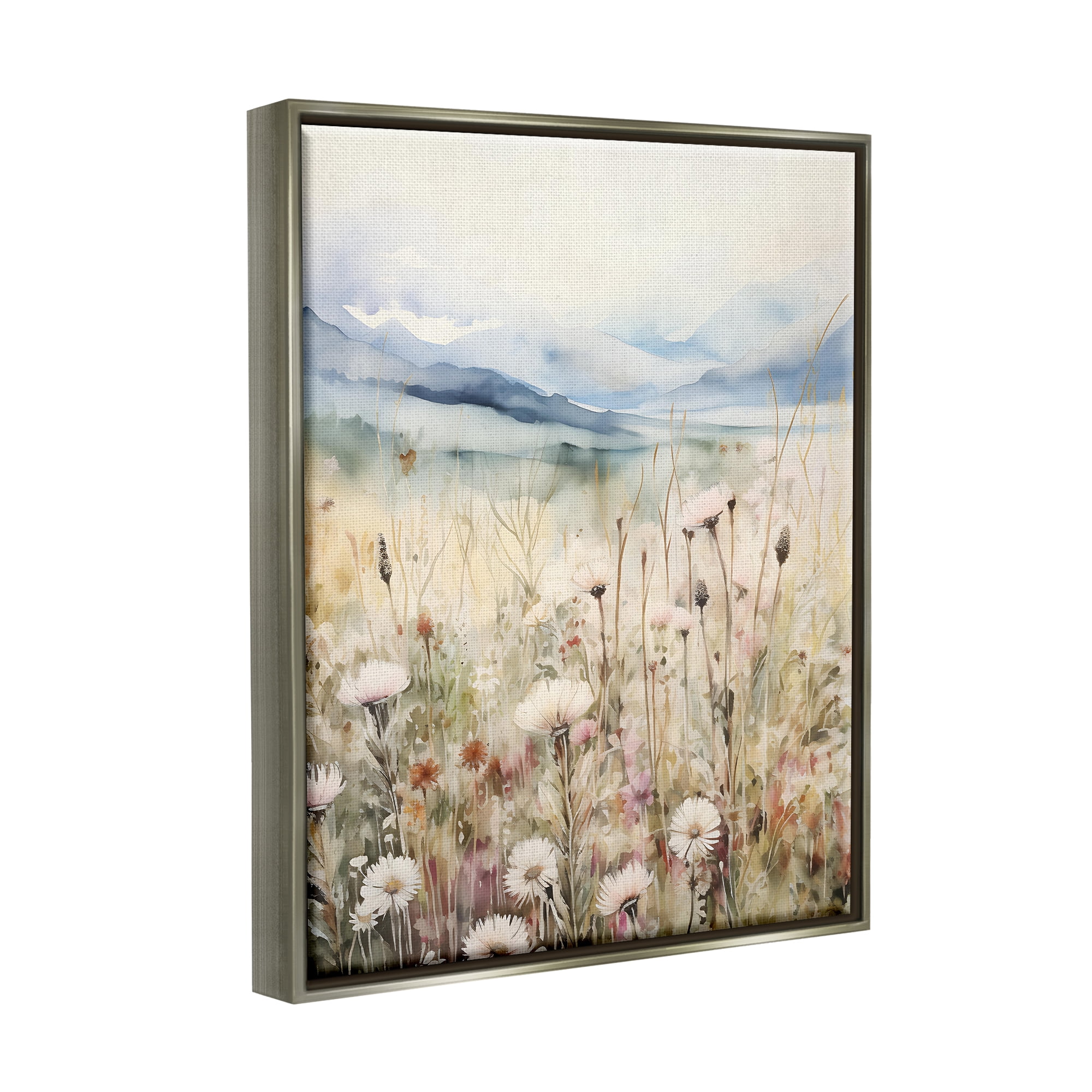 Stupell Industries Rural Daisy Field Meadow Landscape Painting Gray Floater Framed Canvas Art Print Wall Art, 17 x 21