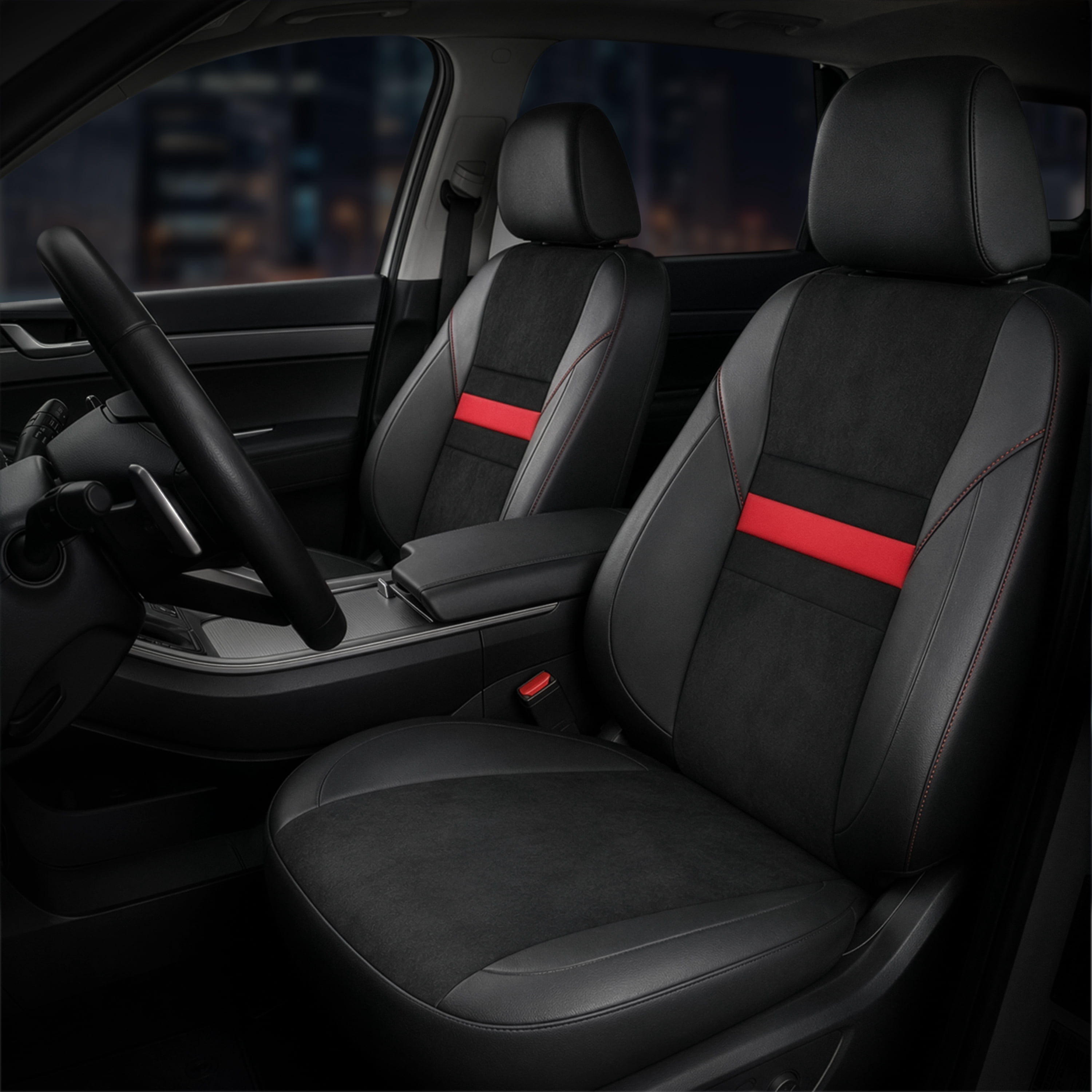 Auto Drive Seat Covers 2 Pack, Sport Front Seat Faux Leather Suede for Cars, SUVs, CUVs - Black Red Stripe
