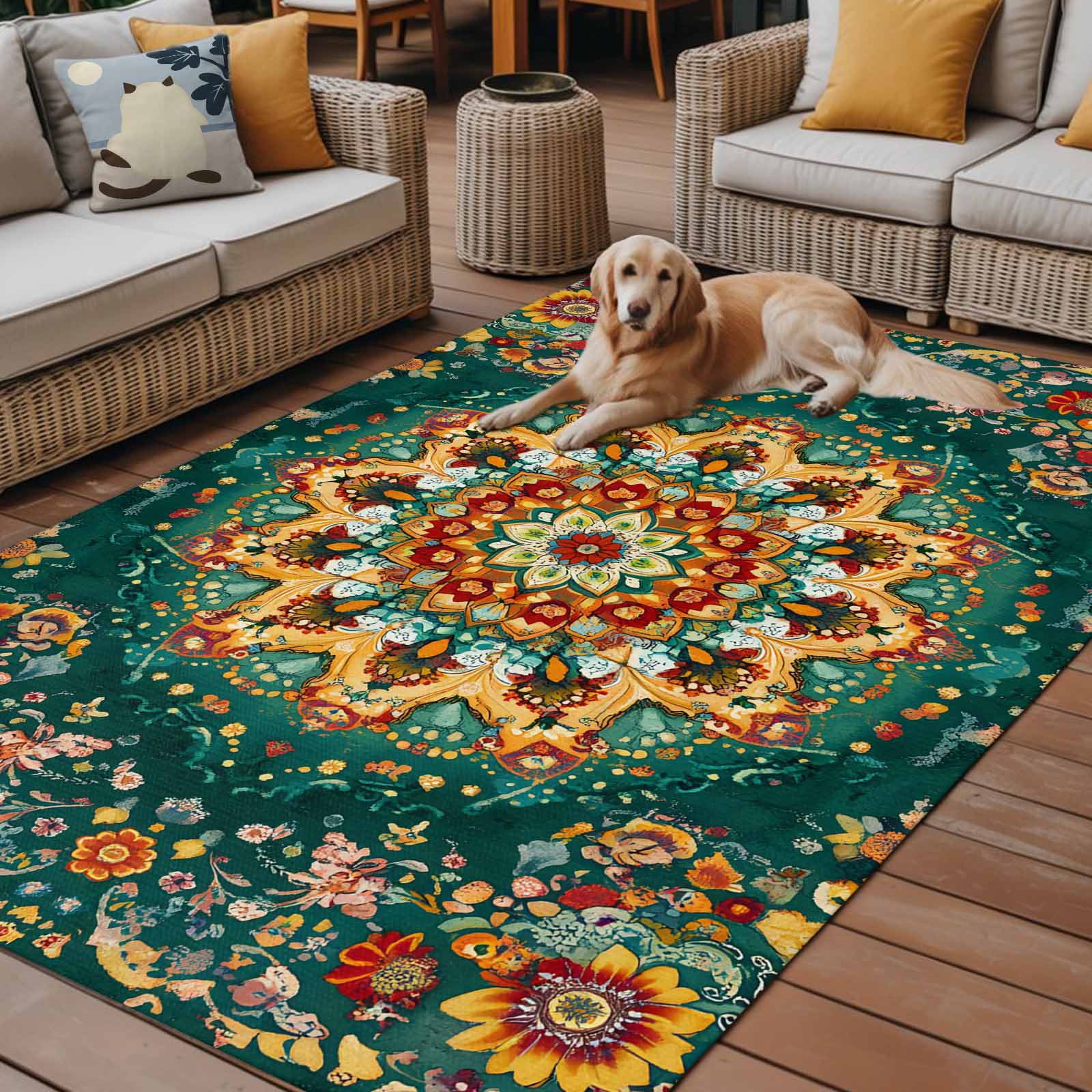 Fsddascl Boho Flower Outdoor Rug for Patio/Deck/Porch, Non-Slip Large Area Rug 4 x 6 Ft, Yellow Green Bohemian Colorful Medallion Indoor Outdoor Rugs Washable Area Rugs, Camping Rug Carpet