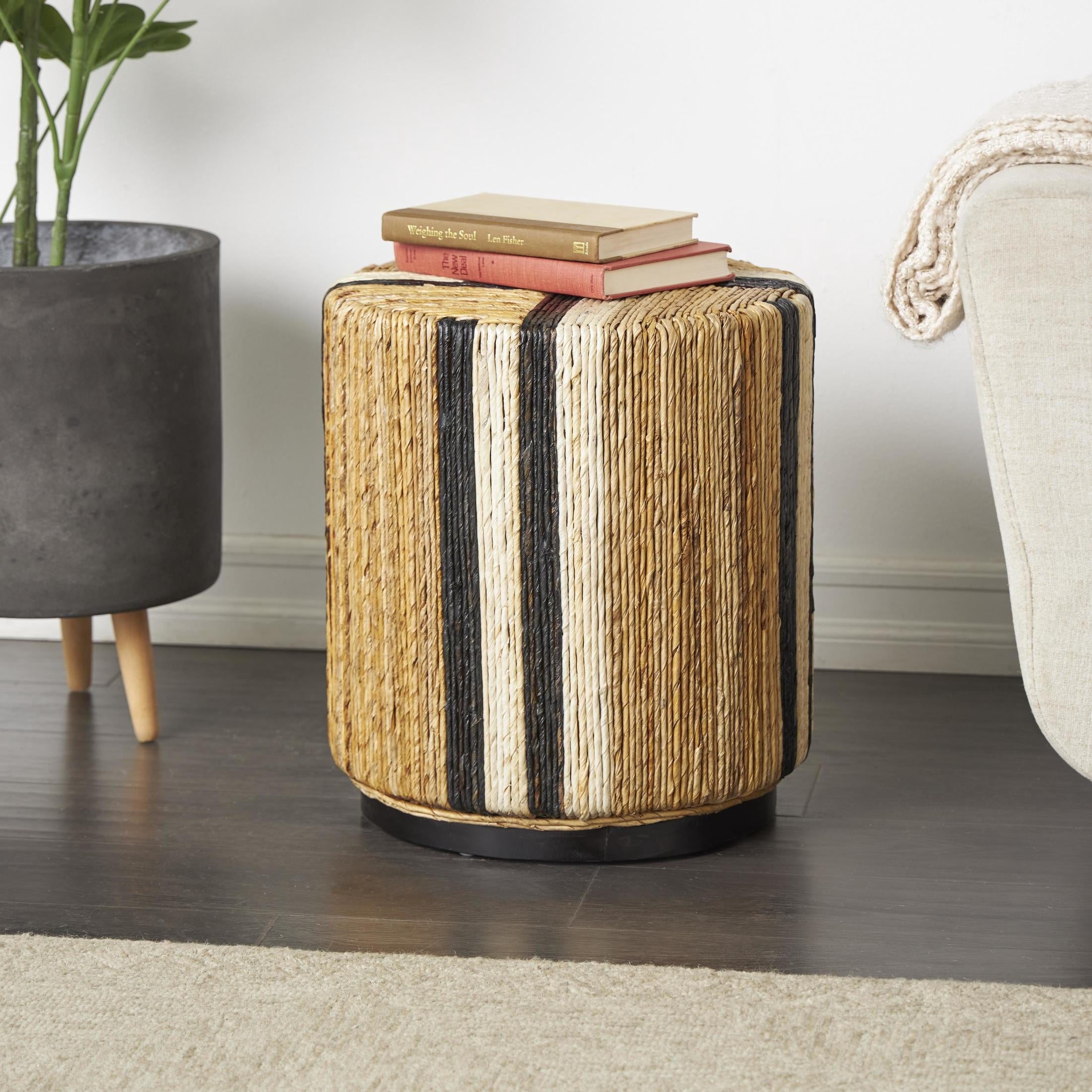 DecMode 16" x 18" Brown Banana Leaf Handmade Linear Wrapped Drum Accent Table with Cream and Black Stripes, 1-Piece