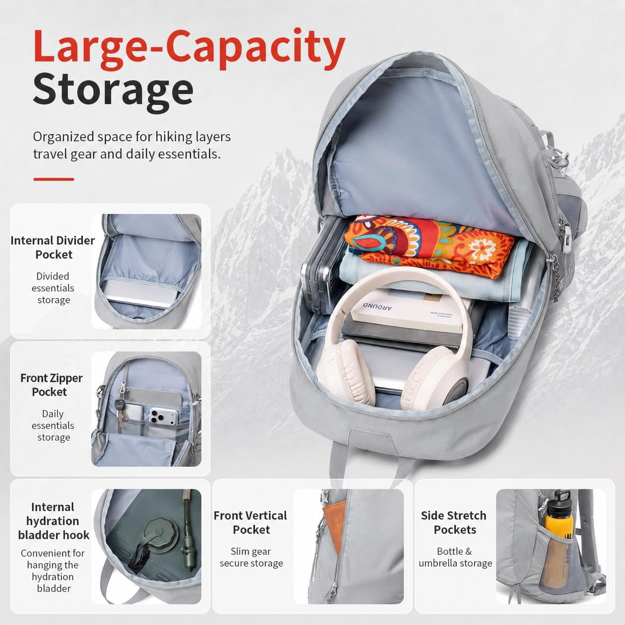 JIDIZHE 35L Hiking Backpack, Water Resistant Daypack with Rain Cover, Lightweight Design, Adjustable Chest Strap & Breathable Back Pad, Unisex for Hiking, Camping & Travel, Grey
