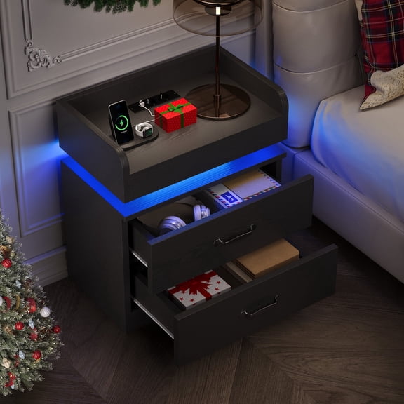 LED Nightstand, Modern Black Night Stand End Tables with Charging Station & LED Lighting, 2 Drawers, Open Shelf Storage, Bedside Tables for Bedroom & Living Room